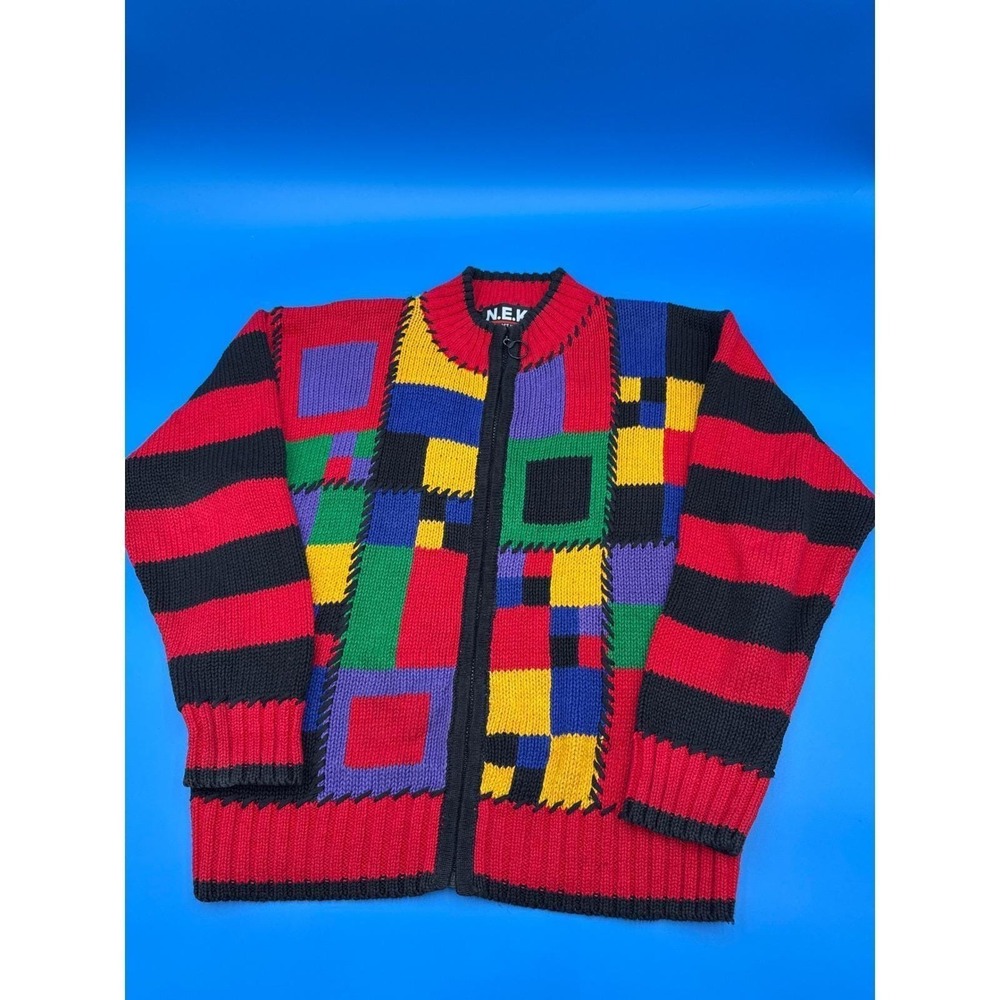 Vintage N.E.K.‎ Knitters Color Block Zip Up Cardigan Sweater Multicolor M 90s